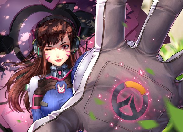 Anime picture 1067x771 with overwatch blizzard entertainment d.va (overwatch) meka (overwatch) qi kou single long hair looking at viewer fringe breasts smile brown hair large breasts upper body outdoors one eye closed pink eyes from above lips wink