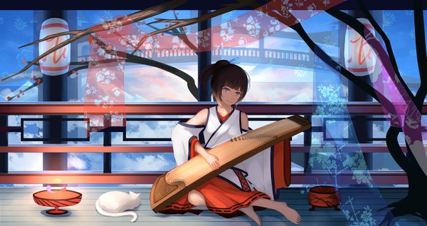 Anime picture 4350x2300 with original .l.l single long hair looking at viewer highres blue eyes black hair wide image absurdres ponytail traditional clothes japanese clothes barefoot playing instrument girl plant (plants) animal tree (trees) cat