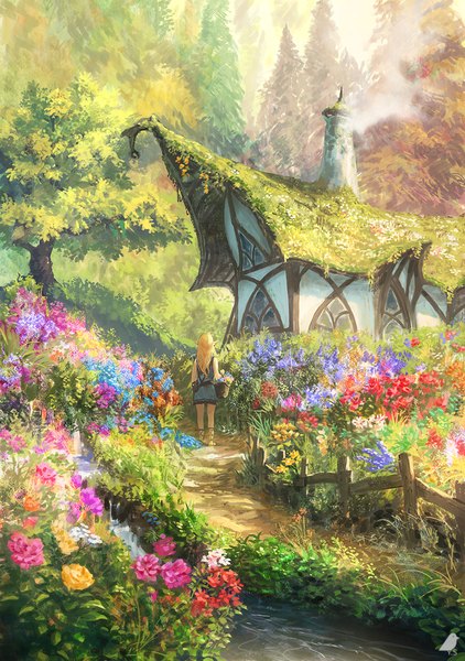 Anime picture 845x1200 with original you shimizu single long hair tall image blonde hair standing holding full body sunlight smoke elf river girl dress flower (flowers) plant (plants) tree (trees) building (buildings) bag