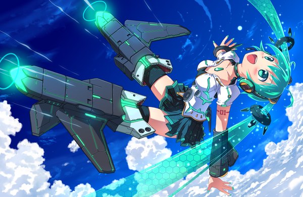 Anime picture 1920x1248 with strike witches vocaloid hatsune miku aki (akisora hiyori) single long hair highres blue eyes twintails sky cloud (clouds) very long hair aqua hair spread arms girl skirt headphones striker units