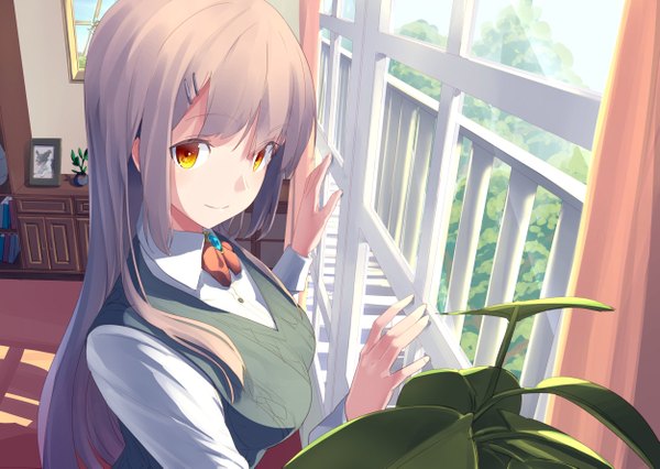 Anime picture 1251x889 with original touboku single long hair looking at viewer fringe breasts blonde hair smile yellow eyes indoors sunlight shadow arched back sunbeam girl hair ornament plant (plants) shirt window