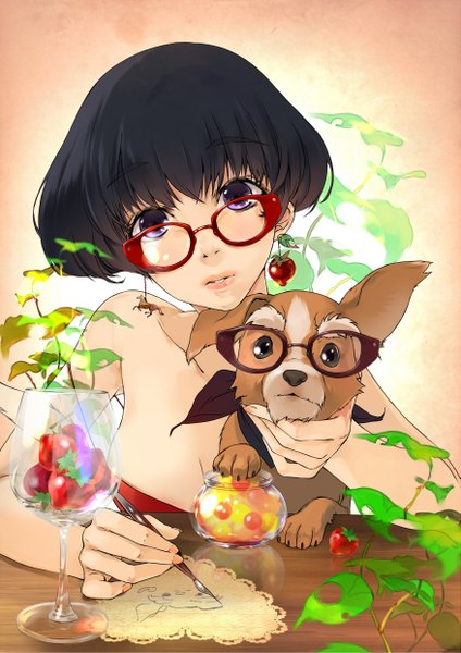 Anime picture 1753x2480 with original ishikayu single tall image looking at viewer blush highres short hair purple eyes bare shoulders cleavage nail polish black eyes reflection dark hair girl plant (plants) earrings animal glasses