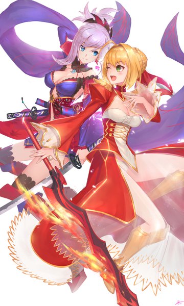 Anime picture 1500x2500 with fate (series) fate/grand order fate/extra nero claudius (fate) (all) nero claudius (fate) miyamoto musashi (fate) duan henglong long hair tall image fringe breasts open mouth blue eyes light erotic blonde hair simple background large breasts white background multiple girls holding
