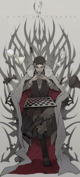 Anime picture 800x1765 with a song of ice and fire petyr baelish wavesheep single tall image short hair black hair smile sitting multicolored hair black eyes grey background two-tone hair crossed legs boy boots fur cloak throne chess