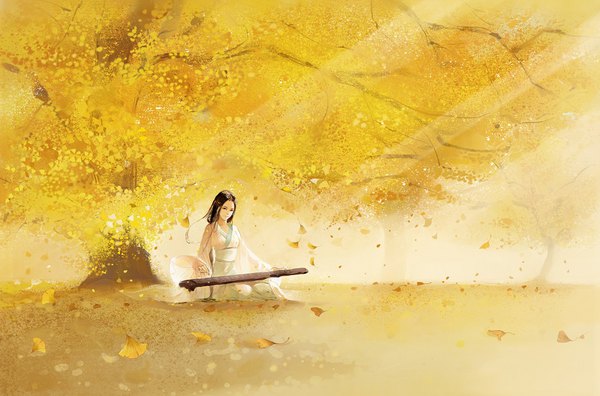 Anime picture 1000x661 with original na yan single long hair black hair sitting full body outdoors traditional clothes sunlight sunbeam playing instrument girl plant (plants) tree (trees) leaf (leaves) musical instrument autumn leaves ginkgo