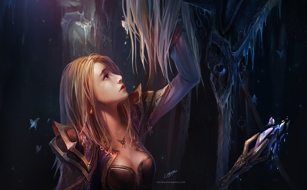 Anime picture 1650x1025 with world of warcraft warcraft blizzard entertainment jaina proudmoore arthas menethil chenbo single long hair blonde hair wide image purple eyes realistic tears magic crying mage girl earrings armor pendant