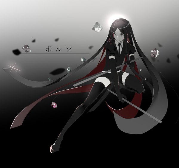 Anime picture 900x847 with houseki no kuni bort bxr single black hair simple background looking away full body very long hair black eyes sparkle puffy sleeves character names gradient background androgynous thighhighs gloves uniform weapon black thighhighs