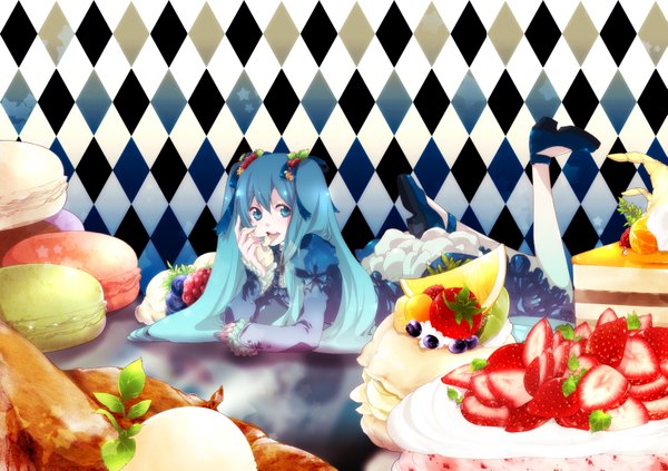 Anime picture 1553x1096 with vocaloid hatsune miku mirunai single long hair looking at viewer fringe blue eyes hair between eyes twintails blue hair lying on stomach rhombus girl food sweets berry (berries) cake strawberry