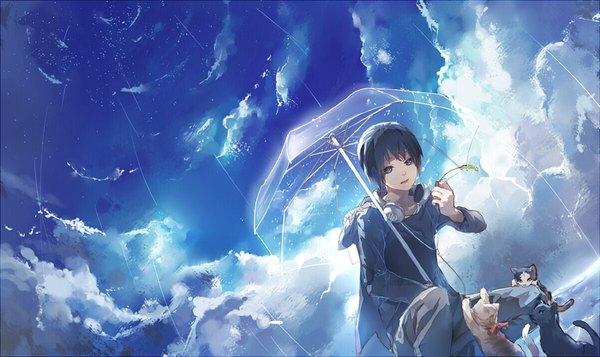 Anime picture 1100x655 with original fre single fringe open mouth blue eyes black hair wide image holding sky cloud (clouds) from below rain headphones around neck transparent umbrella playing girl animal headphones umbrella