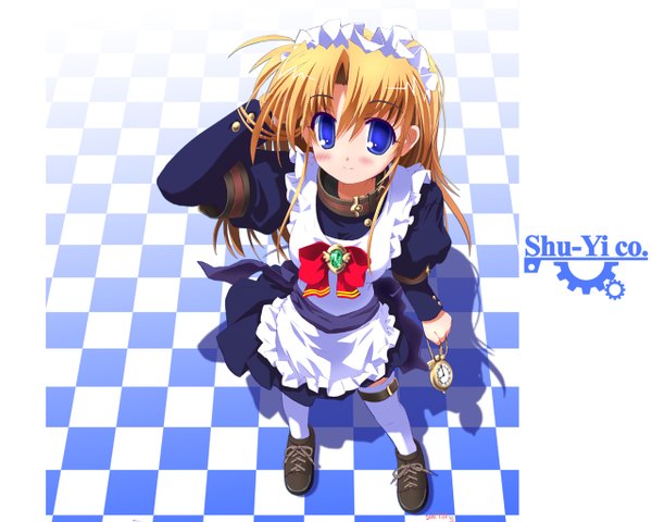 Anime picture 1280x1024 with tagme (copyright) tagme (artist) single long hair looking at viewer blush fringe blue eyes blonde hair hair between eyes standing signed full body arm up from above shadow maid dated checkered floor floor