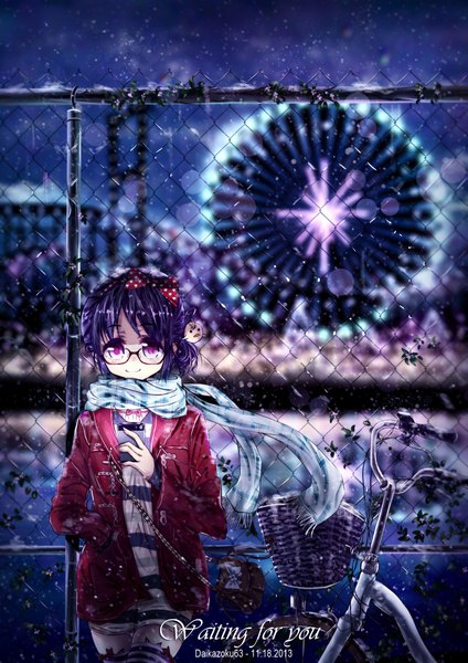 Anime picture 1653x2338 with original daikazoku63 single tall image looking at viewer short hair smile purple eyes holding sky purple hair inscription night snow hand in pocket 2013 girl thighhighs bow plant (plants)