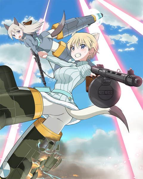 Anime picture 1024x1280 with strike witches brave witches eila ilmatar juutilainen nikka edvardine katajainen kaneko (novram58) long hair tall image blush short hair open mouth blue eyes light erotic blonde hair purple eyes multiple girls holding animal ears sky silver hair cloud (clouds)