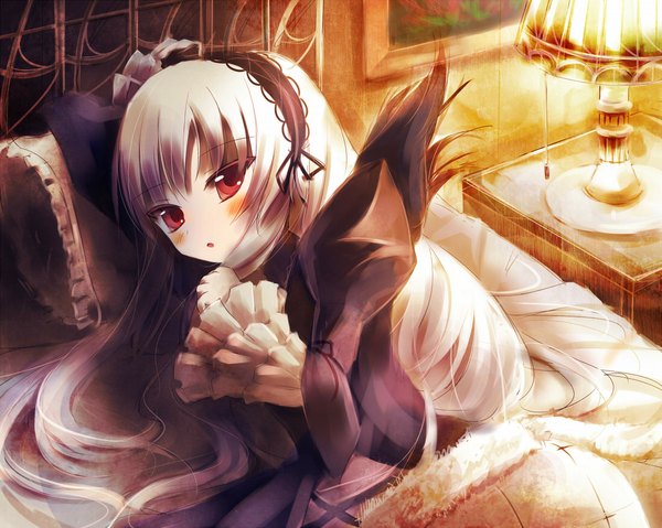 Anime picture 1097x877 with rozen maiden suigintou taharu kousuke single long hair looking at viewer blush fringe red eyes white hair indoors lying parted lips puffy sleeves on side girl dress wings headdress pillow