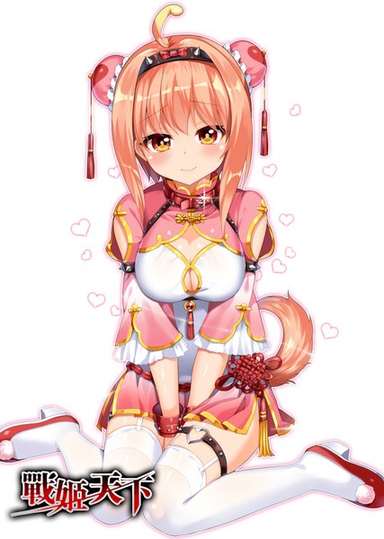 Anime picture 640x900 with zhan ji tian xia mvv single tall image looking at viewer blush short hair breasts light erotic smile ahoge tail animal tail orange hair hair bun (hair buns) orange eyes girl thighhighs dress white thighhighs