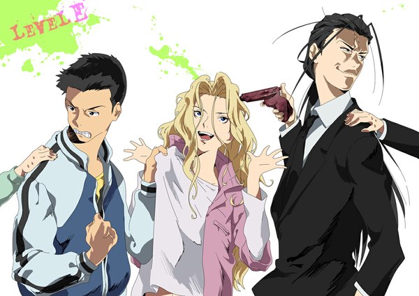 Anime picture 1130x800 with level e baka ki el dogra kraft (level e) yukitaka tsutsui kaden (pixiv) long hair short hair open mouth white background tail grin group curly hair boy weapon necktie jacket gun suit fist