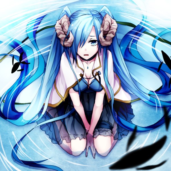 Anime picture 1024x1024 with original natsumura amata single fringe breasts open mouth blue eyes sitting twintails blue hair cleavage very long hair horn (horns) from above hair over one eye girl dress animal choker water