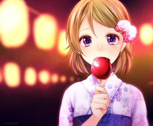 Anime picture 1000x824 with love live! school idol project sunrise (studio) love live! koizumi hanayo wakatsuki you single looking at viewer blush short hair brown hair purple eyes holding traditional clothes japanese clothes night girl hair ornament food fruit yukata