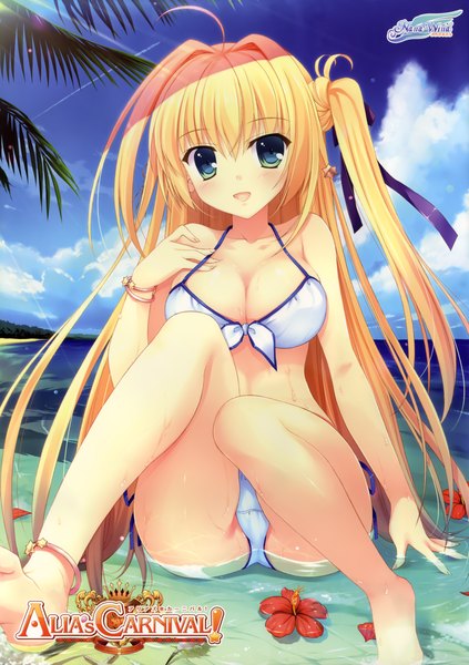 Anime picture 2953x4188 with alia's carnival! sakurakouji tsukuyomi nanao naru single long hair tall image looking at viewer blush highres breasts blue eyes light erotic blonde hair bare shoulders sky cleavage cloud (clouds) ahoge barefoot wet