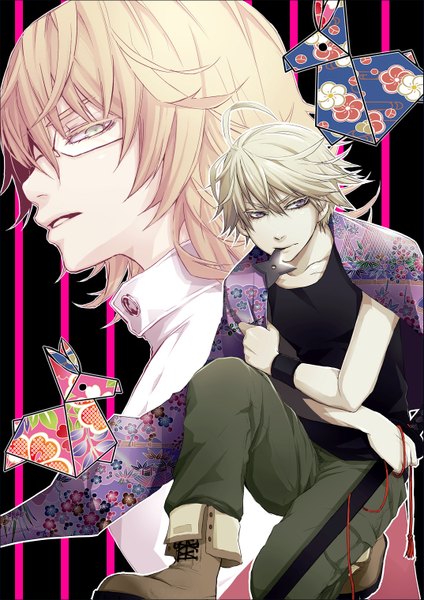 Anime picture 1073x1519 with tiger & bunny sunrise (studio) barnaby brooks jr. ivan karelin azuma yuuki tall image blonde hair purple eyes yellow eyes ahoge mouth hold striped clothes on shoulders striped background boy glasses boots wristlet origami