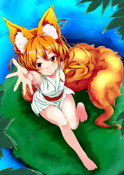 Anime picture 1061x1500 with original noa (nagareboshi) single long hair tall image blush red eyes sitting animal ears tail traditional clothes japanese clothes animal tail barefoot orange hair bare legs fox ears fox tail outstretched hand girl