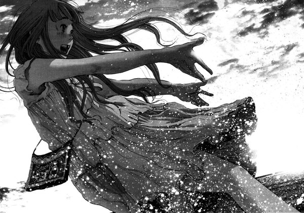 Anime picture 1280x901 with oyasumi punpun aiko tanaka asano inio single long hair open mouth smile sky cloud (clouds) scan monochrome girl dress water bag water drop splashes handbag