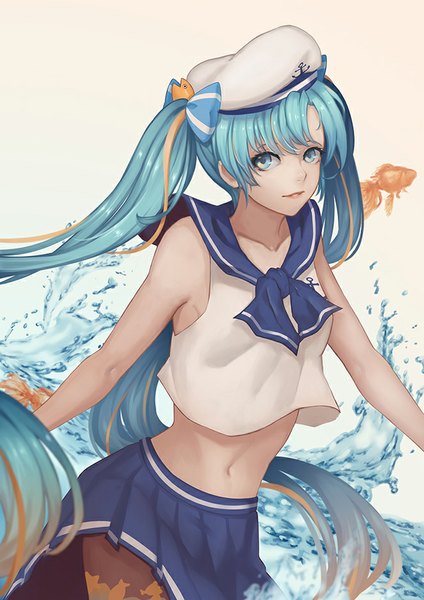 Anime picture 663x938 with vocaloid hatsune miku marine miku whitem (whiteemperor2020) single tall image looking at viewer fringe smile standing bare shoulders very long hair pleated skirt aqua eyes orange hair aqua hair bare legs bare belly girl skirt