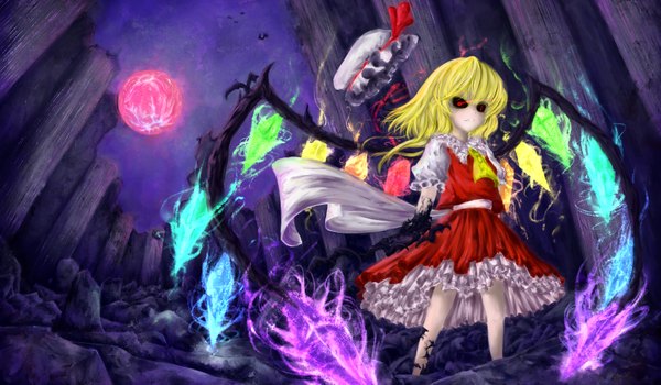 Anime picture 1800x1050 with touhou flandre scarlet koohee single highres short hair blonde hair red eyes wide image red moon girl skirt bow hat wings skirt set bat