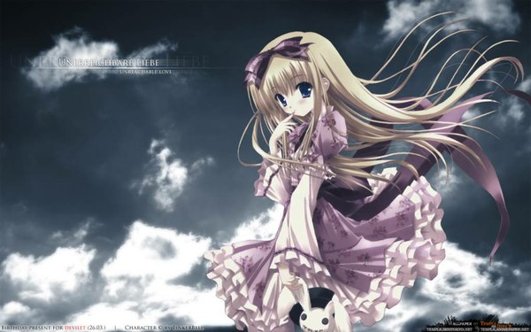 Anime picture 1024x640 with tinker bell long hair blue eyes blonde hair wide image loli wallpaper dress frills toy stuffed animal bunny