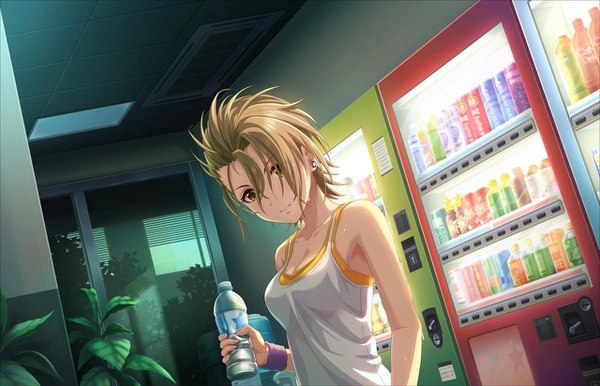 Anime picture 1280x824 with idolmaster idolmaster cinderella girls kimura natsuki single looking at viewer fringe short hair brown hair bare shoulders brown eyes girl tank top water bottle