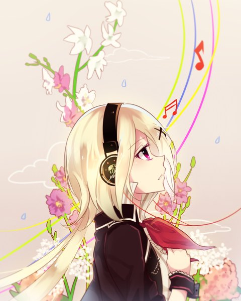 Anime picture 1200x1500 with utau shiho koene na-miey single long hair tall image fringe looking away white hair parted lips profile pink eyes hand on chest looking up girl flower (flowers) petals headphones musical note