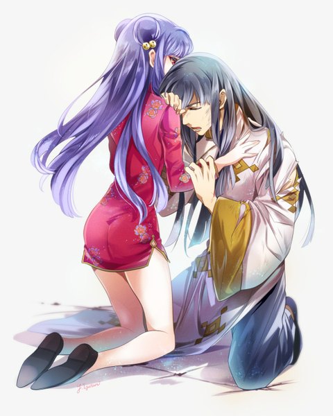 Anime picture 1080x1351 with ranma 1/2 shampoo (ranma 1/2) mousse iyutani long hair tall image fringe purple hair eyes closed traditional clothes pink eyes grey hair from behind wide sleeves hair bun (hair buns) couple hug kneeling torn clothes back