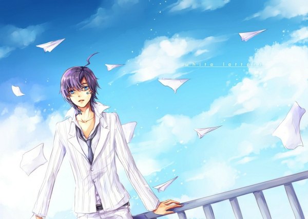 Anime picture 1000x711 with original zaphylla single looking at viewer short hair open mouth blue eyes sky purple hair cloud (clouds) open collar boy necktie belt railing paper airplane