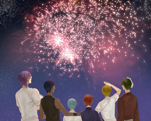 Anime picture 1000x800 with kuroko no basket production i.g kuroko tetsuya kise ryouta aomine daiki akashi seijuurou midorima shintarou murasakibara atsushi short hair brown hair blue hair purple hair red hair green hair from behind aqua hair night multiple boys back dark skin