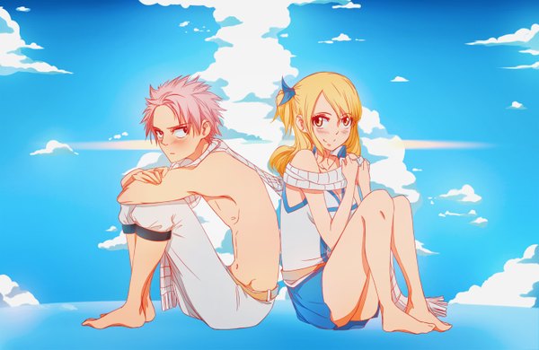 Anime picture 1440x936 with fairy tail lucy heartfilia natsu dragneel kristallin-f (artist) long hair looking at viewer blush short hair blonde hair smile sitting bare shoulders yellow eyes pink hair sky cloud (clouds) ponytail barefoot black eyes couple