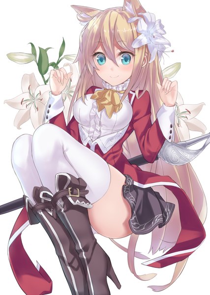 Anime picture 712x1000 with original ray-akila single long hair tall image looking at viewer blush blue eyes blonde hair smile white background animal ears girl thighhighs dress flower (flowers) weapon white thighhighs sword boots