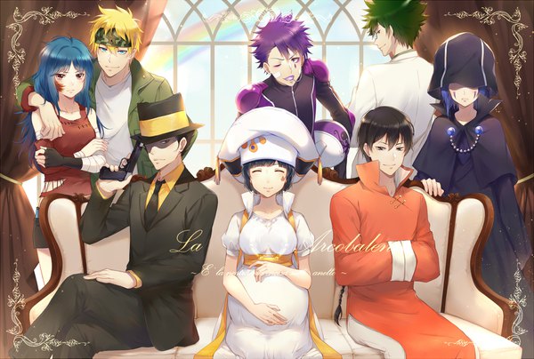 Anime picture 2062x1391 with katekyou hitman reborn reborn lal mirch colonello fon mammon (khr) verde skull (reborn) luce (arcobaleno) ekita xuan long hair highres short hair blue eyes black hair blonde hair sitting purple eyes multiple girls blue hair