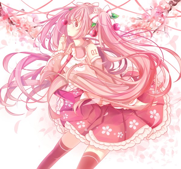 Anime picture 1500x1400 with vocaloid hatsune miku sakura miku venn (vebonbon) single long hair fringe standing twintails pink hair profile pink eyes hair flower wide sleeves tattoo zettai ryouiki cherry blossoms frilly skirt girl thighhighs