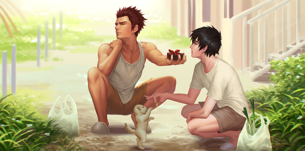 Anime picture 1200x595 with original penguin frontier short hair black hair brown hair wide image bare shoulders holding brown eyes eyes closed profile realistic multiple boys squat boy plant (plants) animal shoes shorts 2 boys
