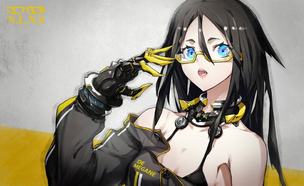 Anime picture 980x600 with original yucca-612 (neco) single long hair looking at viewer open mouth blue eyes black hair wide image bare shoulders open clothes open jacket mechanical girl glasses jacket claws