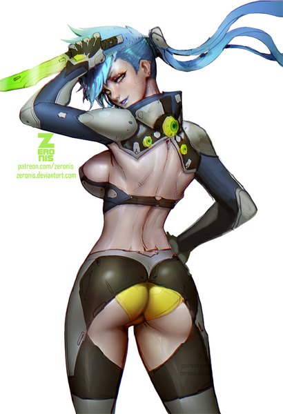 Anime picture 582x850 with mekanizer project dash (mekanizer project) paul (shiramune) single long hair tall image looking at viewer fringe breasts light erotic simple background white background green eyes yellow eyes blue hair ass looking back light smile lips from behind