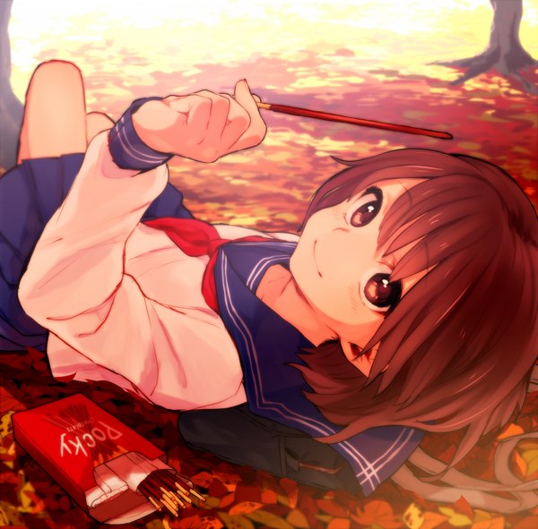 Anime picture 1000x986 with original blue21 single looking at viewer short hair red eyes brown hair lying girl serafuku sweets leaf (leaves) pocky