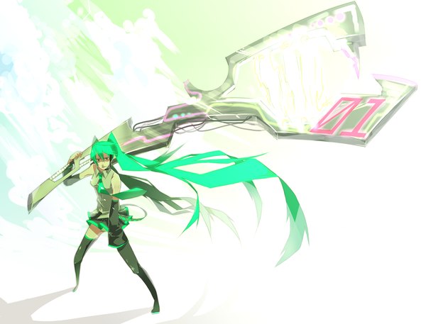 Anime picture 1825x1391 with vocaloid hatsune miku soumen (artist) single highres twintails bare shoulders green eyes very long hair green hair girl thighhighs skirt weapon detached sleeves necktie