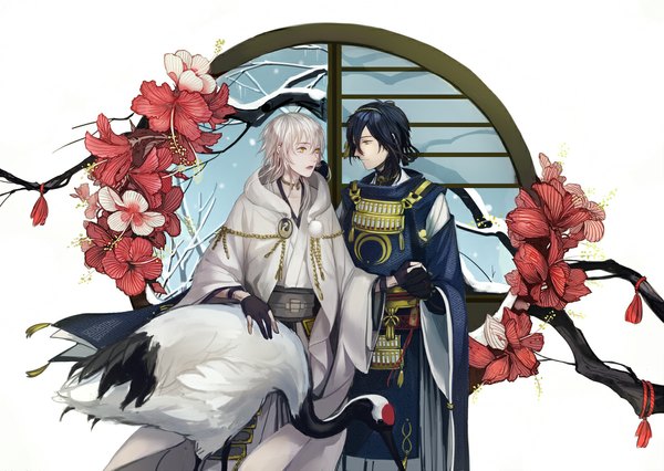 Anime picture 1042x741 with touken ranbu nitroplus tsurumaru kuninaga mikazuki munechika chchick fringe short hair open mouth simple background standing white background yellow eyes blue hair white hair traditional clothes japanese clothes wide sleeves multiple boys holding hands snow
