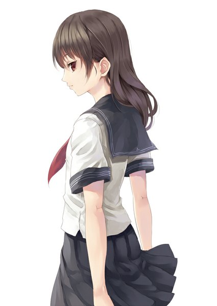 Anime picture 637x900 with original paseri single long hair tall image looking at viewer fringe brown hair standing white background brown eyes profile pleated skirt wind hands behind back girl skirt uniform miniskirt serafuku