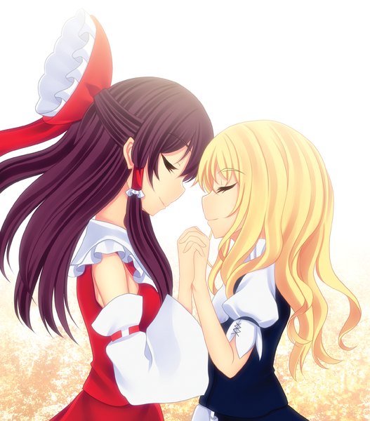 Anime picture 1054x1200 with touhou hakurei reimu kirisame marisa kiyomin long hair tall image blonde hair smile multiple girls purple hair eyes closed holding hands shoujo ai half updo face to face symmetrical docking girl bow 2 girls hair bow