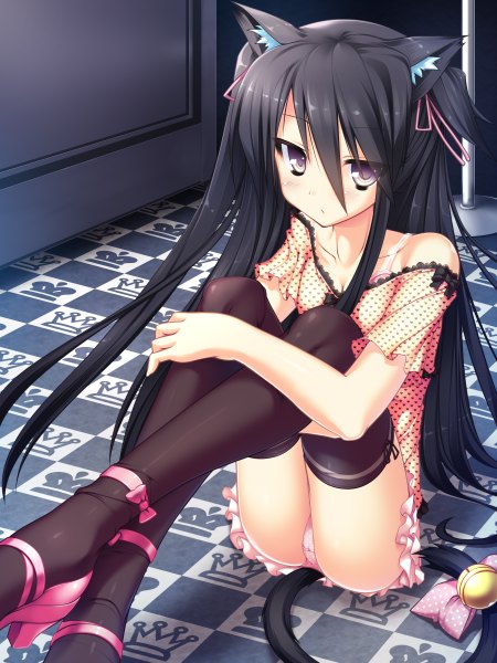 Anime picture 1800x2400 with original ochinsama long hair tall image highres light erotic black hair sitting bare shoulders animal ears yellow eyes cat ears cat tail pantyshot pantyshot sitting checkered floor girl thighhighs ribbon (ribbons) black thighhighs