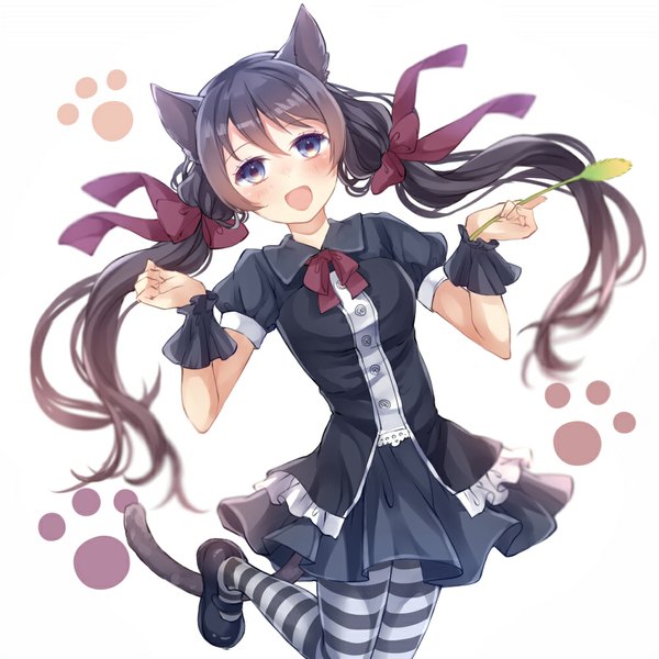 Anime picture 1000x1000 with original aquariumtama single long hair looking at viewer blue eyes black hair twintails animal ears tail animal tail cat ears cat girl cat tail girl dress bow hair bow pantyhose striped pantyhose