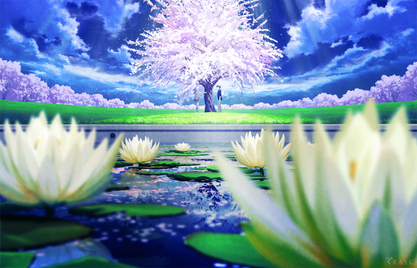 Anime picture 1100x708 with re:lief ~shin'ai naru anata e~ mocha (cotton) short hair standing sky cloud (clouds) barefoot grey hair sunlight cherry blossoms outstretched arm sunbeam lake girl boy flower (flowers) plant (plants) petals tree (trees) grass