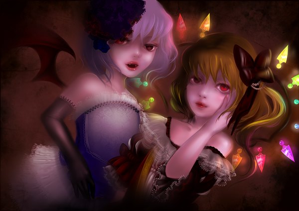 Anime picture 1753x1240 with touhou flandre scarlet remilia scarlet mossan (artist) highres short hair open mouth blonde hair red eyes multiple girls white hair teeth fang (fangs) alternate costume vampire no hat girl dress gloves hair ornament