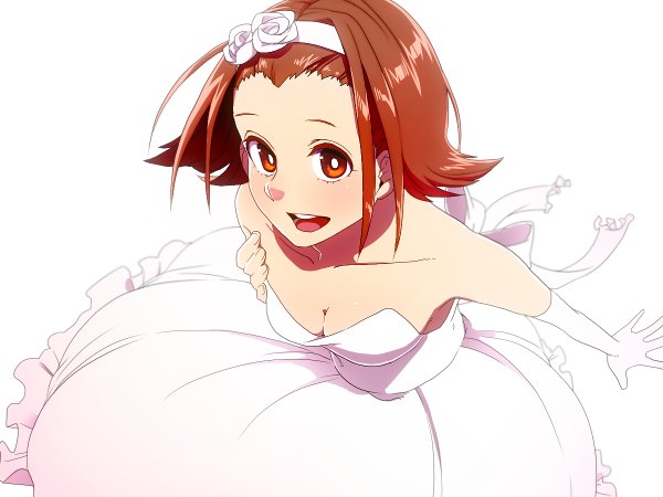 Anime picture 1200x900 with jojo no kimyou na bouken sugimoto reimi maguro (ma-glo) single looking at viewer short hair open mouth simple background brown hair white background bare shoulders brown eyes girl dress gloves elbow gloves hairband wedding dress